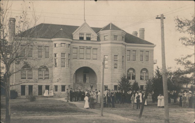 Bethel College Stone Administration Building with Crowd Newton Kansas