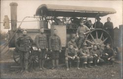 WWI US Soldiers on Steam Tractor Beaumont France 1919 Postcard