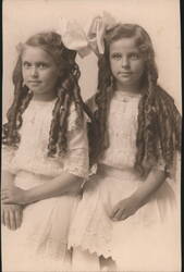 Two Girls Long Dark Ringlets Large Hair Bows Lace Dresses Original Photograph