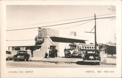 Union Bus Depot Exterior with Buses & Vintage Cars Postcard