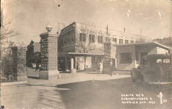 Garita No 2 Customs Gate, Stone Pillars & Vintage Car Postcard