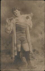 Woman in Striped Bathing Suit with Robe and Boots Postcard