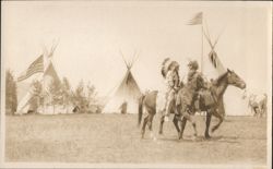 Native Americans on Horseback with Tipis and American Flags Postcard
