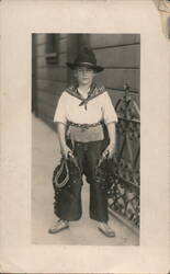 Young Boy in Cowboy Outfit with Chaps & Lasso Postcard