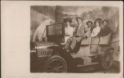 Family Group in Studio Prop Automobile Painted Backdrop Postcard