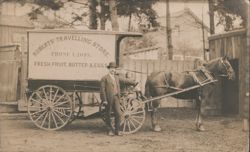 Roberts' Travelling Store Horse-Drawn Wagon, Man & Child Postcard
