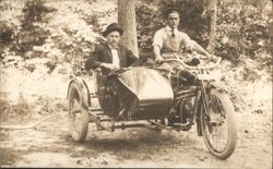 Two Men Posing with Early Motorcycle and Sidecar Postcard