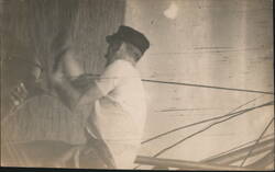 Man Wearing Peaked Cap on Ship Deck Profile View Postcard