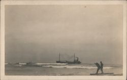 Steamship Freighter Offshore with Figures on Beach Postcard