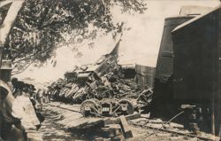 Train Wreck Scene, Overturned Steam Locomotive & Spectators Postcard