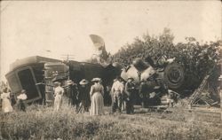 Train Wreck Scene, Overturned Steam Locomotive and Onlookers Postcard