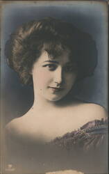 Hand-Tinted Portrait Edwardian Woman, Purple Off-Shoulder Dress Postcard