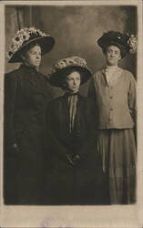 Three Edwardian Women Large Floral Hats Studio Portrait Postcard