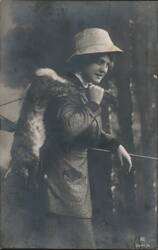 Woman Hunter with Rifle and Fur Stole Portrait Postcard