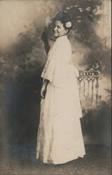 Woman in White Dress Holding Fan Studio Portrait Postcard