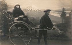 Western Woman in Rickshaw with Mount Fuji Backdrop Postcard