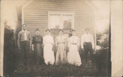 Group Portrait Two Men Four Women Standing Outside House Postcard