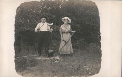 Couple Camping, Cooking Pot on Fire, Man with Watermelon Postcard