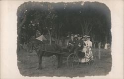 Group of Five in Horse-Drawn Carriage near Tent Postcard