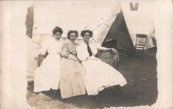 Three Young Women Seated Outside Large Canvas Tent Camping Postcard