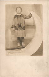 Studio Portrait Child Standing on Crescent Paper Moon Prop Postcard