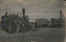 Threshing Crew with Steam Traction Engine Harvest Scene Postcard