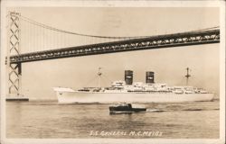 S.S. General M.C. Meigs Ship Under Suspension Bridge Postcard