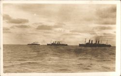 Three Naval Warships Steaming at Sea, Four-Funnel Cruisers Postcard