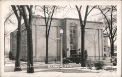 Emerson School Exterior with Vintage Car, Winter Postcard