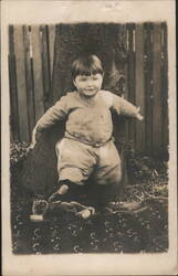 Toddler Standing by Tree with Teddy Bear Toy Postcard