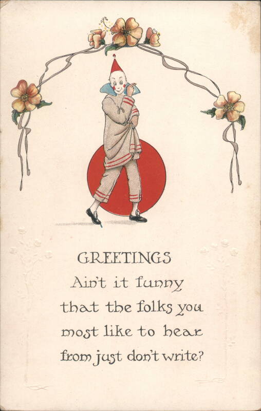 Clown with Floral Arch and Funny Greeting About Not Writing