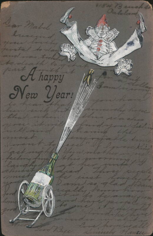 Clown, Champagne Bottle & Cart, A happy New Year! Greeting