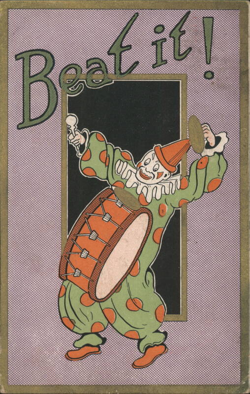 Beat it! Clown Playing Drum & Cymbals Circus