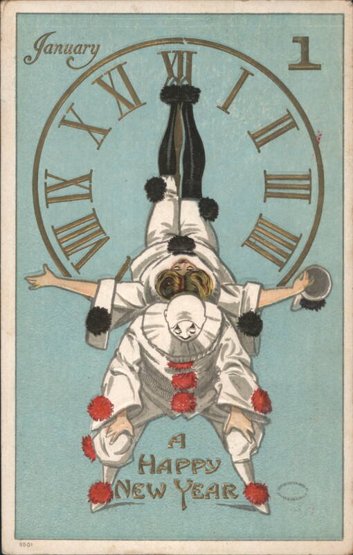 Clowns Celebrate New Year with Clock and January 1 Greeting