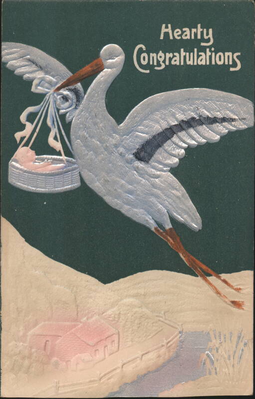 Stork Delivering Baby in Basket, Hearty Congratulations