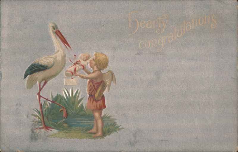 Stork Delivering Baby to Angel, 'Dearly Congratulations'