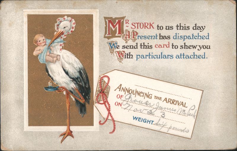 Stork Delivering Baby, Birth Announcement for Grover James McPeek, 1912