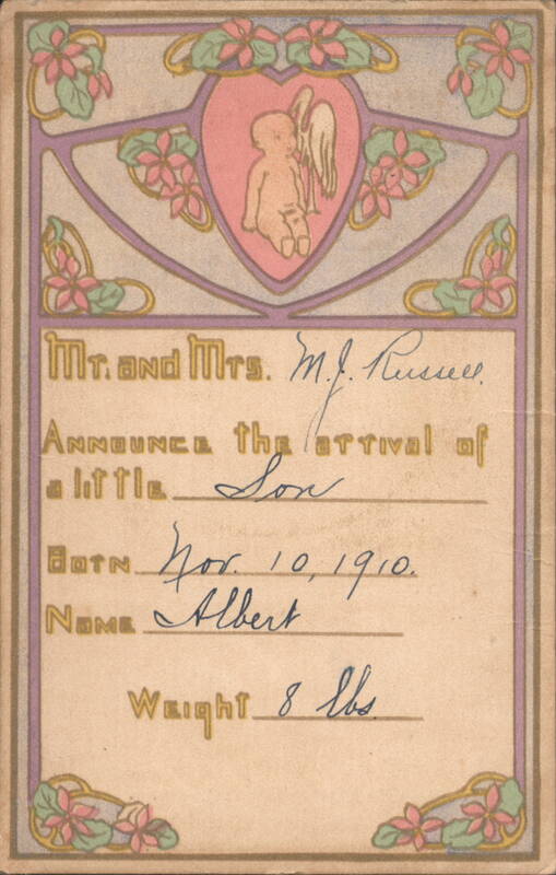 Mr. and Mrs. M. J. Russell Announce Birth of Son Albert, 1910