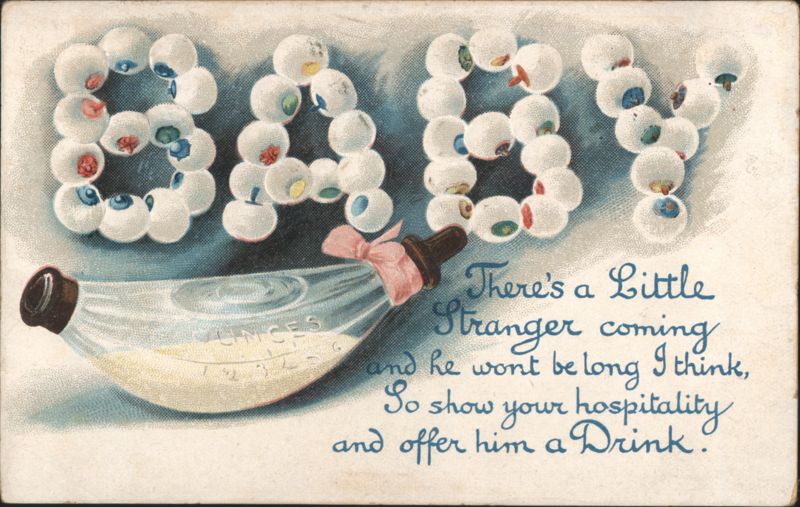 BABY spelled with decorative spheres, baby bottle, humorous verse