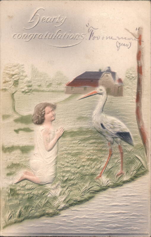 Girl Praying to Stork with Birthday Congratulations