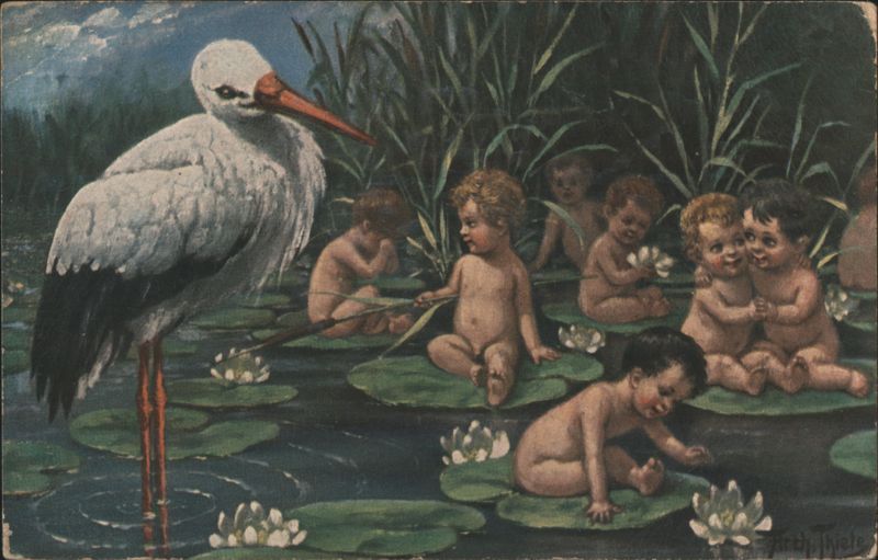 Stork Delivering Babies with Cherubs on Lily Pads H. Bethke