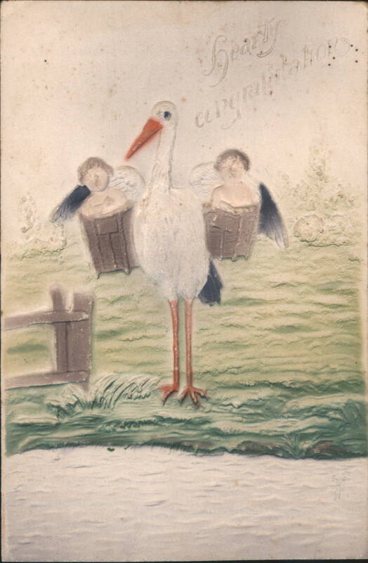 Stork Delivering Angels with Hearty Congratulations