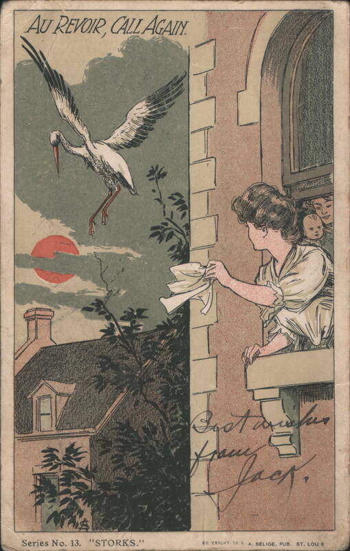 Woman Waving Goodbye to Stork, Au Revoir Call Again