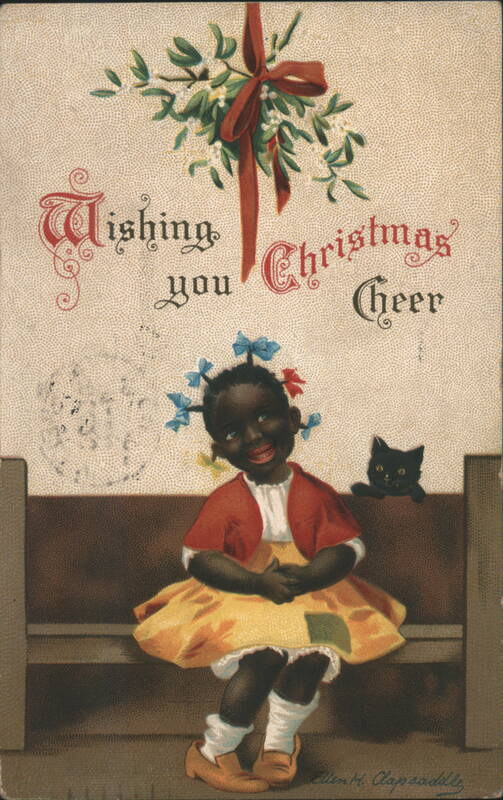Wishing You Christmas Cheer - Black Americana Girl with Cat & Mistletoe