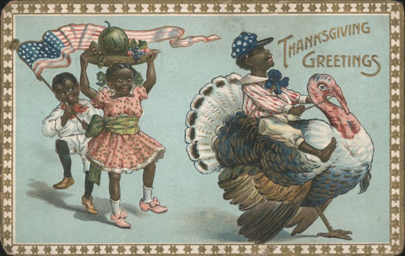 Thanksgiving Greetings, Black Americana Children with Turkey Ride