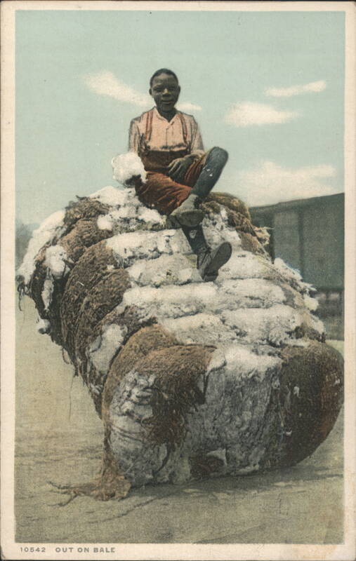 Young Boy Sitting on Large Cotton Bale Black Americana