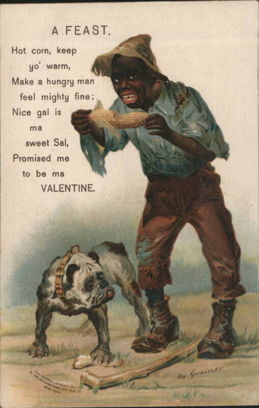 Black Americana Man Eating Corn with Bulldog, Valentine Poem