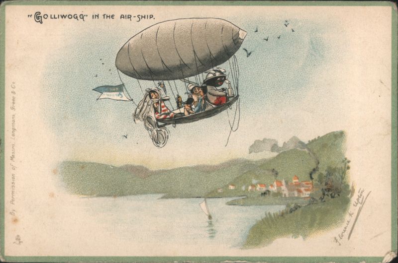 Golliwogg and Friends in an Airship over a Scenic Lake and Village