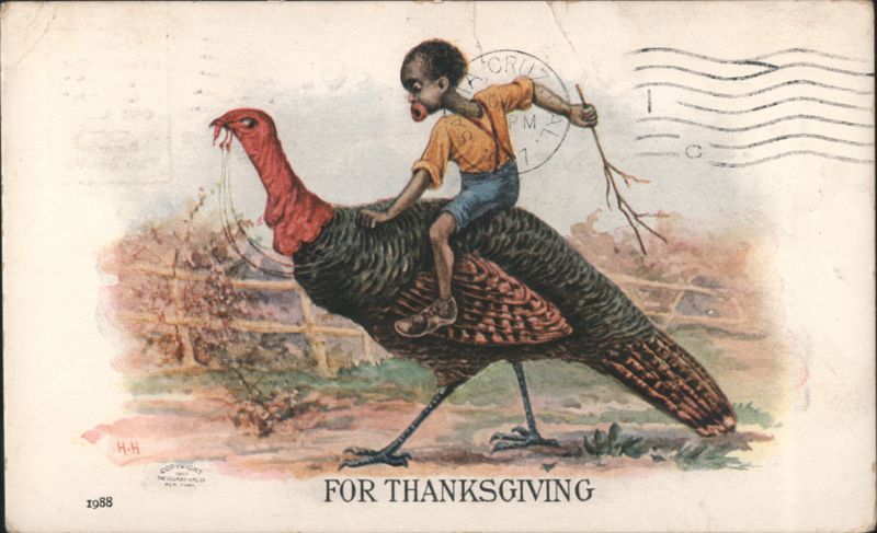 Black Americana Child Riding Turkey for Thanksgiving