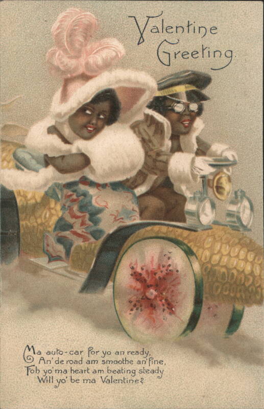 Black Americana Couple in Auto-Car, Valentine Greeting with Poem